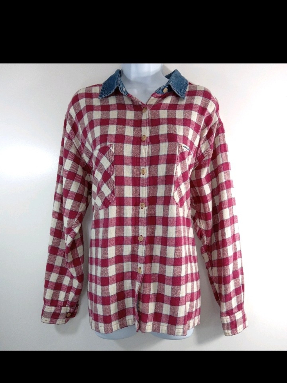 Vtg Arizona Jeans Co Red Flannel Denim Collar Large Womens Grunge